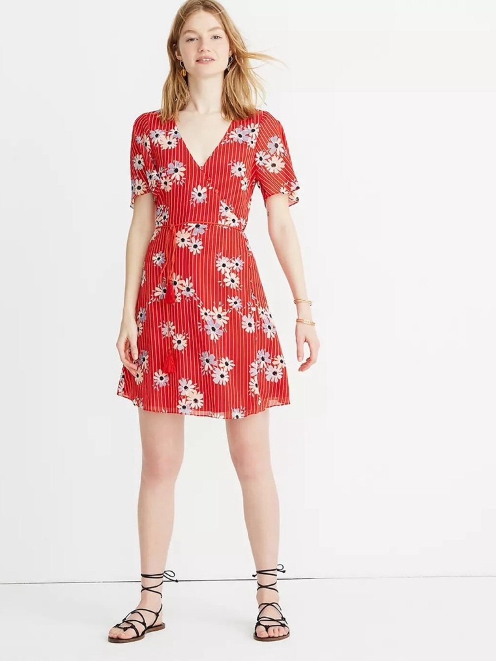 Madewell Red Floral V-Neck Mini Dress